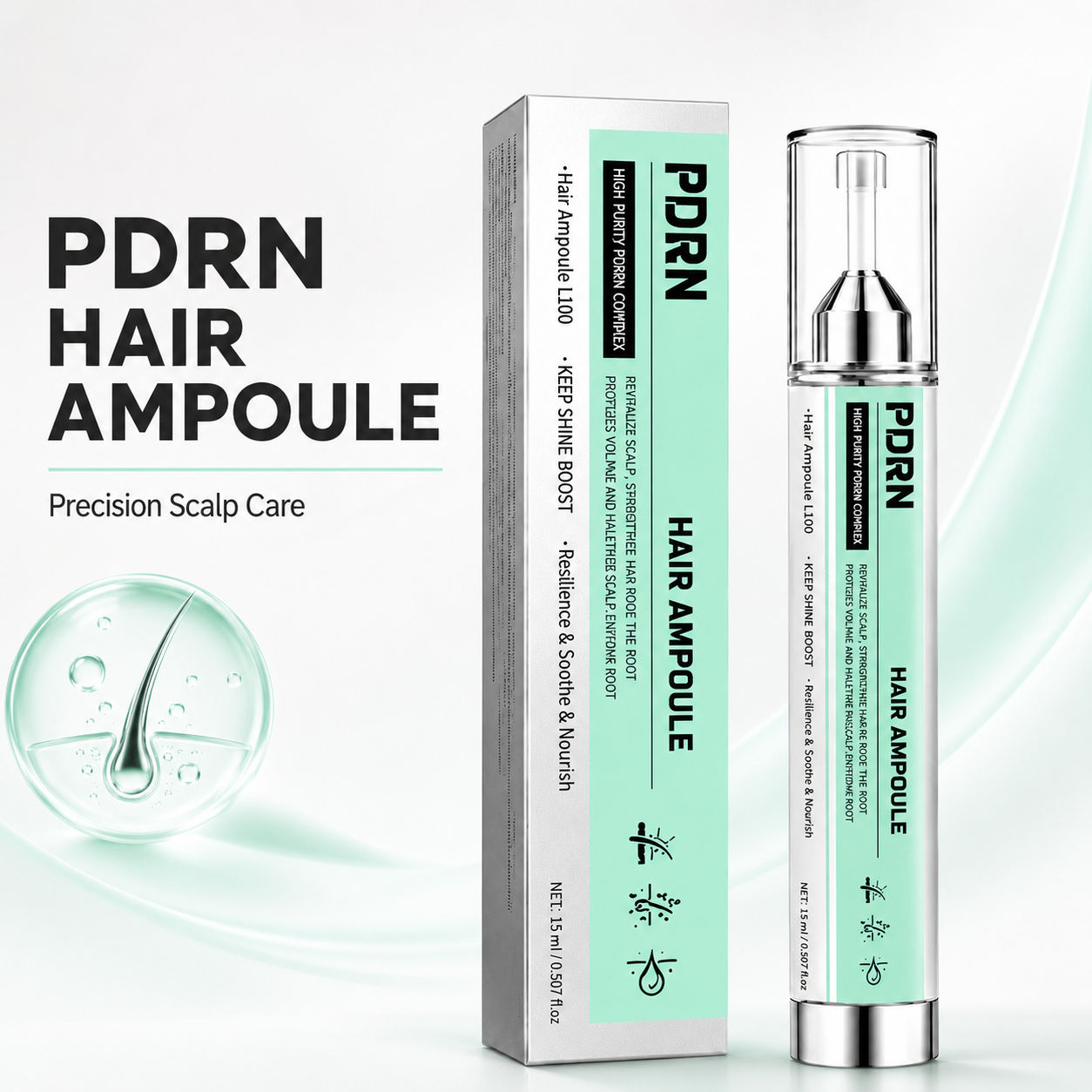 PDRN Hair Ampoule L100 – Lightweight Scalp & Root Serum for Fuller-Looking, Healthier-Shine Hair, Precision Application, 15 mL / 0.507 fl oz
