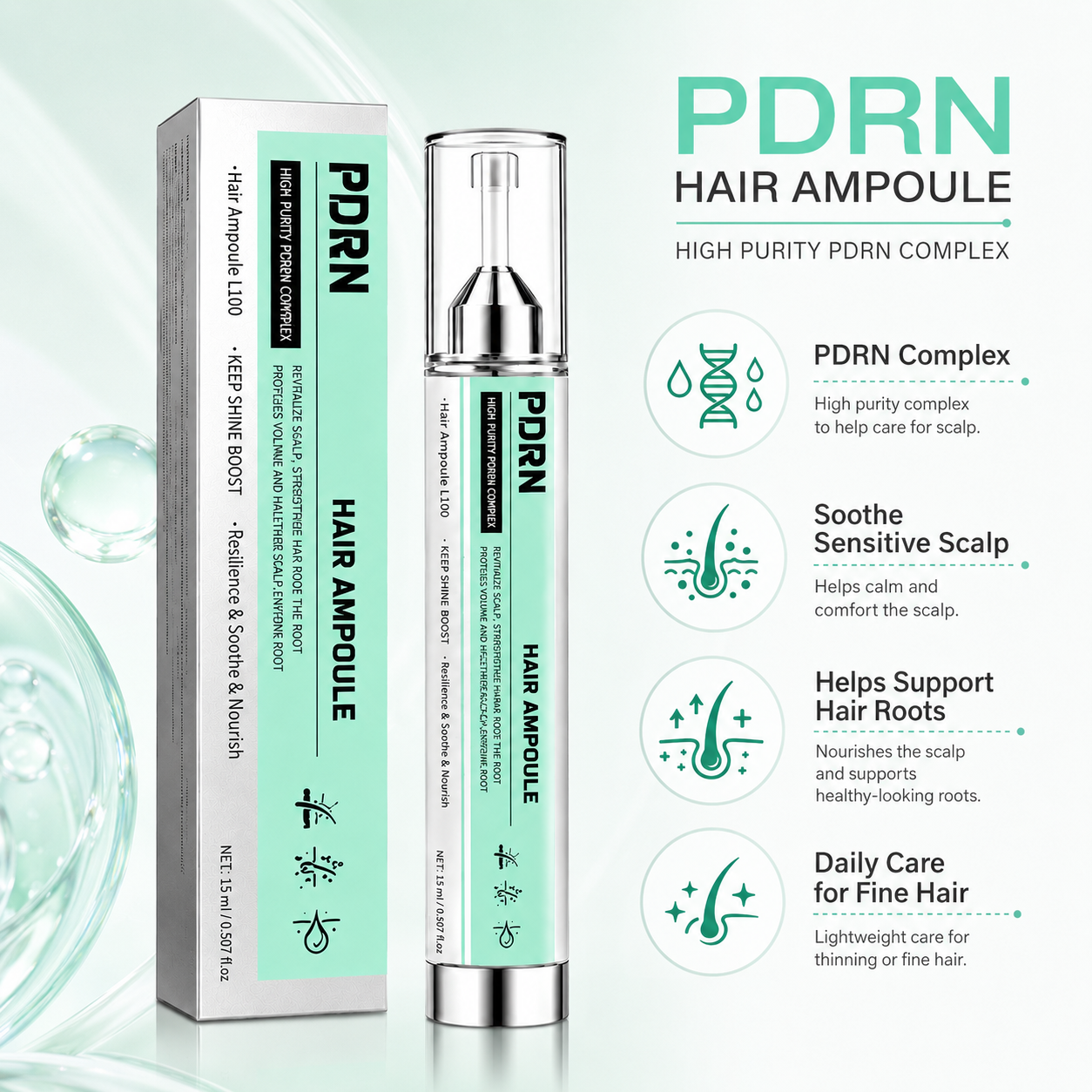PDRN Hair Ampoule L100 – Lightweight Scalp & Root Serum for Fuller-Looking, Healthier-Shine Hair, Precision Application, 15 mL / 0.507 fl oz