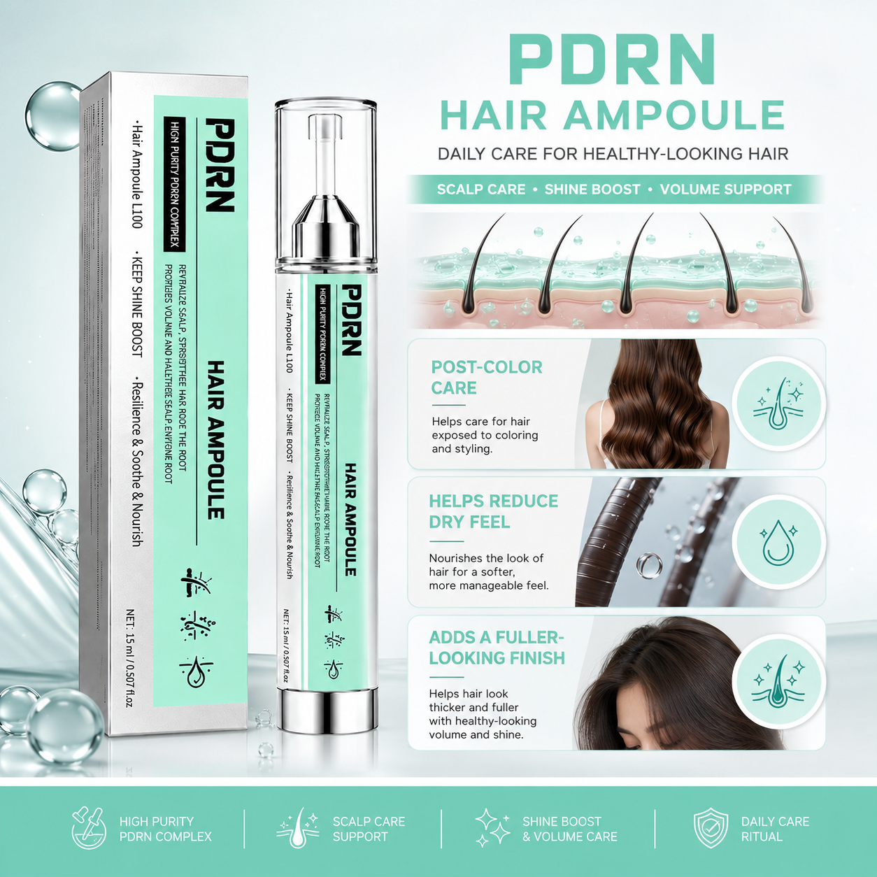 PDRN Hair Ampoule L100 – Lightweight Scalp & Root Serum for Fuller-Looking, Healthier-Shine Hair, Precision Application, 15 mL / 0.507 fl oz