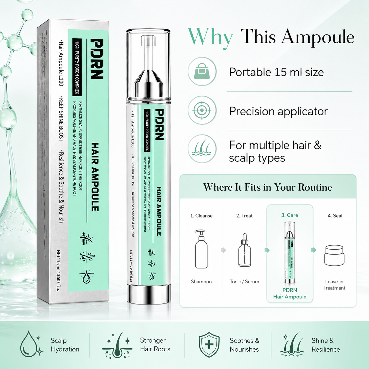PDRN Hair Ampoule L100 – Lightweight Scalp & Root Serum for Fuller-Looking, Healthier-Shine Hair, Precision Application, 15 mL / 0.507 fl oz